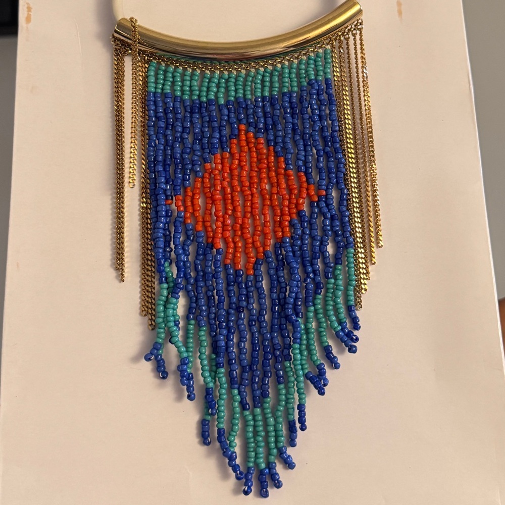 Etro Blue and Orange Beaded Necklace with Gold Chains